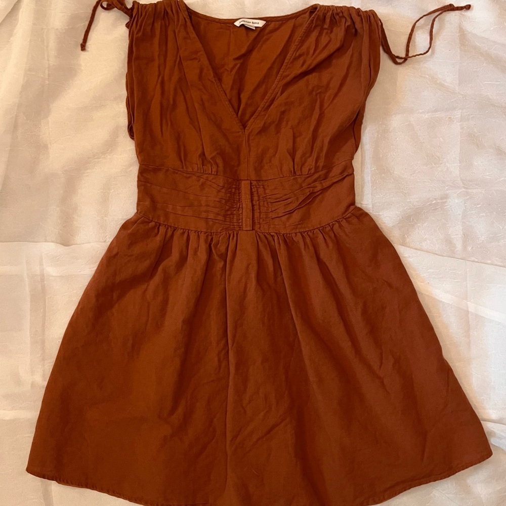 American Eagle Rust Orange V-Neck Tie-Shoulder Mini Dress